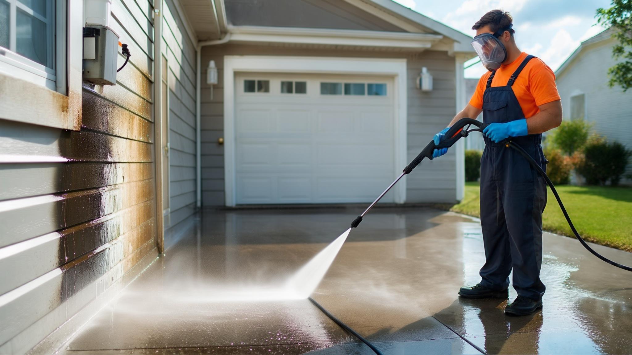 Professional pressure washing a house siding, removing dirt and stains