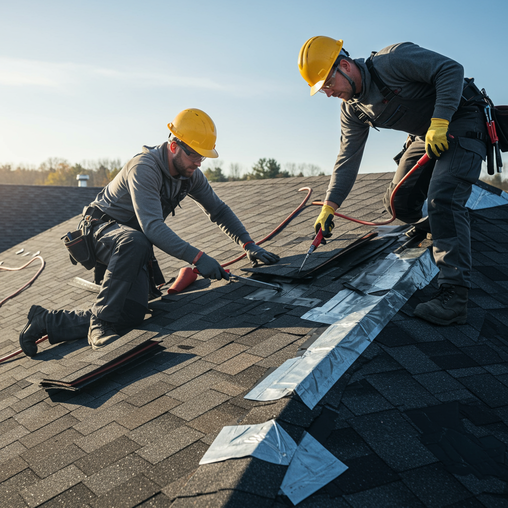 Professional roofing team installing shingles
